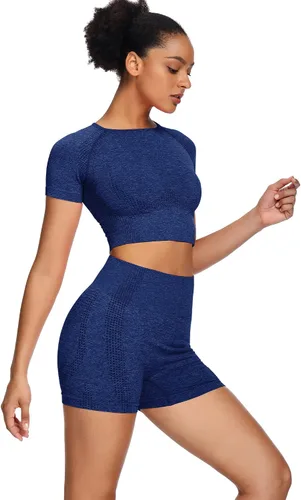 Miniatura 2 de Sytiz Conjunto de 2 piezas de yoga sin costuras para mujer, pantalones cortos de gimnasio y camiseta corta de manga corta