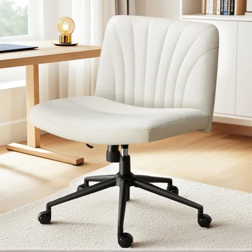 Miniatura 9 de Marsail Silla Cruzada con Ruedas: Silla de Oficina de Cuero PU con Patas Cruzadas, Silla de Escritorio Ancha sin Brazos, Silla Giratoria de Altura