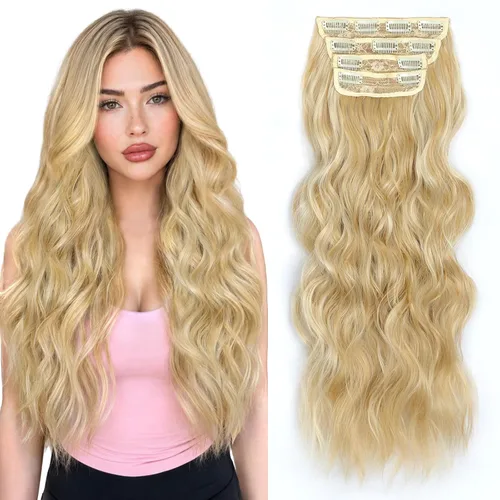 Miniatura 43 de ALXNAN Extensiones de cabello sintético largo y ondulado con clip, de 16 pulgadas, color negro natural, 4 piezas gruesas, fibra de doble trama