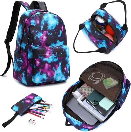 Miniatura 6 de Juego de mochila de lona impermeable Galaxy para laptop de 14 pulgadas, mochila escolar universitaria con lonchera y estuche para lápices