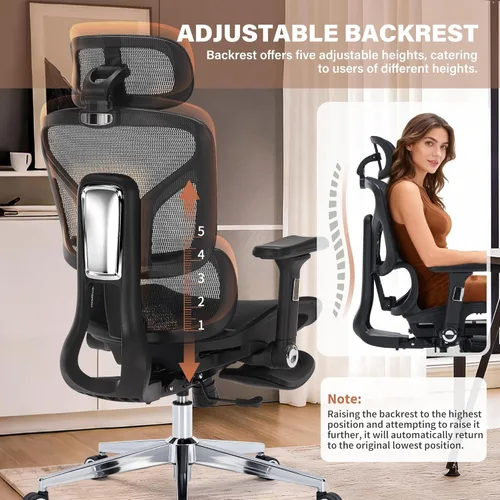 Miniatura 6 de Silla de oficina ergonómica con reposapiés, silla de escritorio de malla resistente de 400 libras, reposabrazos 5D, lumbar 3D, respaldo de 5