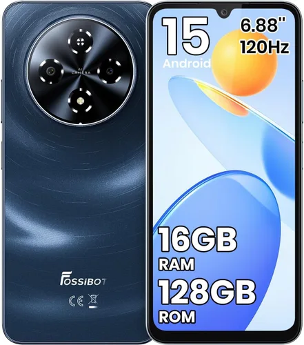 FOSSIBOT Teléfono celular S5 Android 15 (2026), 16GB+128GB/2TB teléfono desbloqueado, pantalla de 6.88 pulgadas, batería 6000mAh 4G Dual Sim