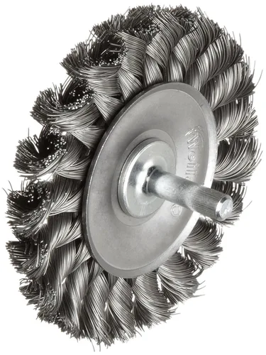 Weiler 17680 Rueda de alambre de nudo montada en el tallo de 3-1/4 pulgadas, relleno de acero de 0.0118 pulgadas, vástago de 1/4 pulgadas, fabricado