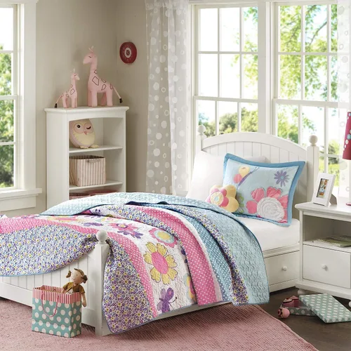 Intelligent Design Juego de ropa de cama reversible para niñas con diseño de margaritas locas, azul cielo, rosa, flores, mariposa, lunares en Crazy