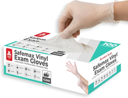 London Labs Guantes médicos de vinilo transparente sin polvo y sin látex, desechables, seguros para alimentos