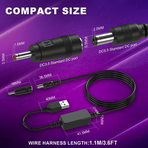 Miniatura 7 de DROK Adaptador USB a 9 V, convertidor de impulso de CC de 5 V a 9 V, 1,5 A, cable USB de 3.6 ft, convertidor elevador con conector CC macho de 0.217