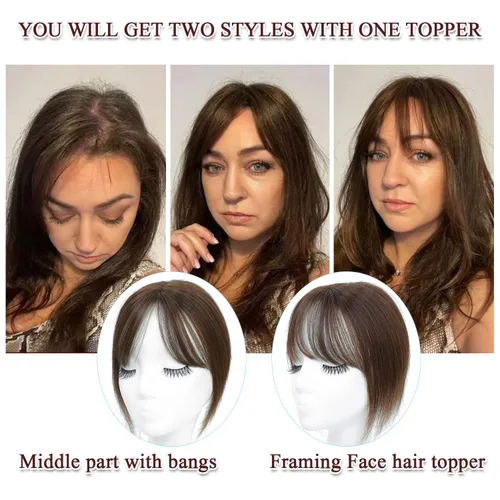 Miniatura 5 de UDU Toppers para el cabello para mujer, cabello humano real, con flequillo, clip en flequillo, pelucas de cabello para mujeres con adelgazamiento