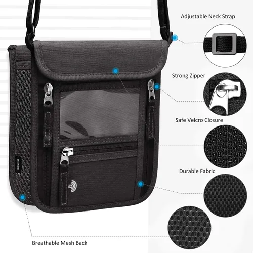 Miniatura 4 de WALNEW Soporte para pasaporte para el cuello cartera de viaje con bloqueo RFID 7 bolsillos con correa ajustable para el cuello para mantener tu
