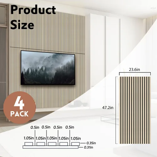 Miniatura 2 de RITOLLO Paquete de 4 paneles de madera para pared, paneles acústicos de listones de madera de 47.2 x 23.6 pulgadas para pared, paneles