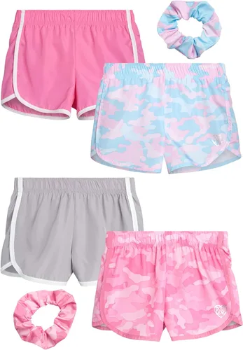 Body Glove Pantalones cortos para niñas, paquete de 4 pantalones cortos de gimnasio con delfín de rendimiento atlético (7-12)