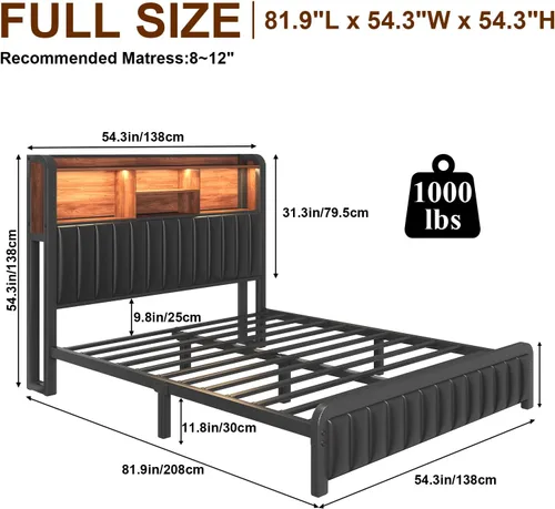 Miniatura 2 de LOEWAY Marco de Cama Full de 54.3 pulgadas de alto con cabecera de almacenamiento de 3 niveles y piel sintética, marco de cama de plataforma
