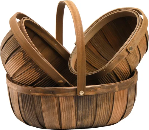 Miniatura 4 de Lawei Paquete de 3 cestas de pan de madera, cesta de picnic de virutas de madera con asas, cesta de almacenamiento de frutas tejidas a mano