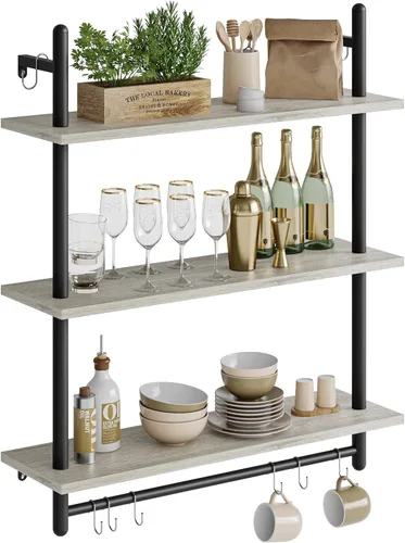 Miniatura 8 de Bestier Estantería Industrial de Tubería de 3 Niveles, Estantes Flotantes para Libros para Pared, Estantes Colgantes de Almacenamiento con Barra Gris
