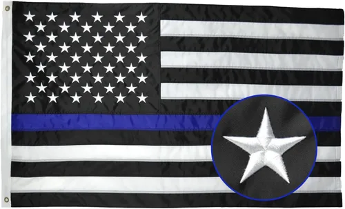 Bordado, Diseño de bandera de la delgada línea azul Stars cosido Stripes Azul, Negro y Blanco – Bandera de calidad suprema Nylon Oxford de honoring