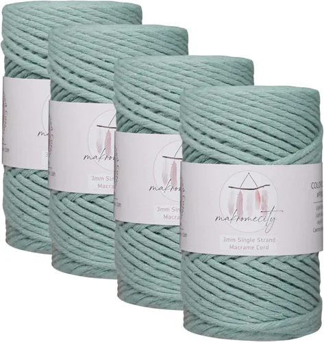 Miniatura 29 de Makromecity, Cordón de algodón para macramé de 1/8 pulgadas x 100 yardas (300 pies) Hilo de algodón verde crepé de 3 mm de un solo hilo para arte