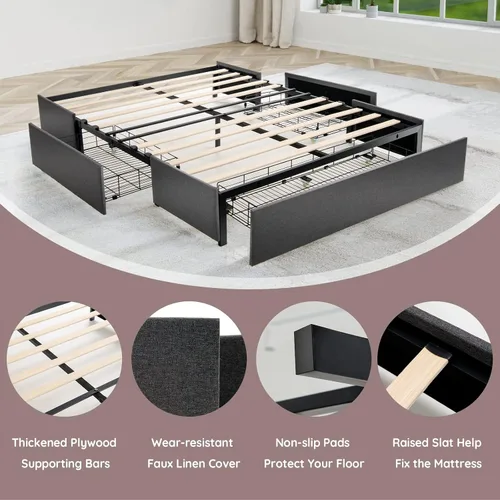 Miniatura 5 de Giantex Base de cama con 3 cajones, plataforma resistente de tamaño matrimonial con listones de madera, base de colchón con marco resistente,