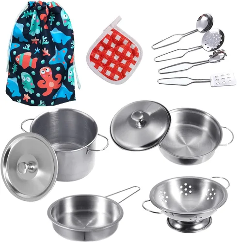 Utensilios de cocina en miniatura, juguetes de cocina de juego de simulación, juego de cocina de acero inoxidable, juguetes de juego Montessori para