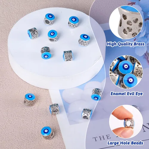 Miniatura 2 de Pandahall - 20 cuentas europeas de esmalte de latón de barril de 0.394 x 0.472 in, color azul cielo claro, espaciadores de agujeros grandes, cuentas