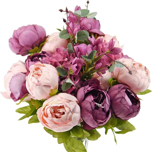 Miniatura 20 de FiveSeasonStuff - Peonías y hortensias artificiales de seda, ideal para decoración de bodas, novias, hogar, decoración de centro de mesa (2 ramos).