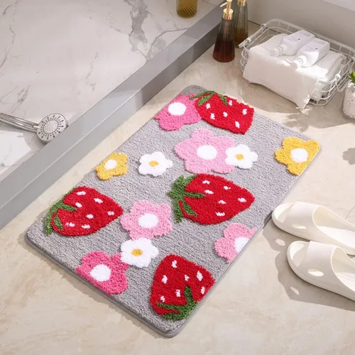 Miniatura 11 de Tapete de baño suave y acogedor con diseño de fresa, antideslizante, lavable, tapete lanudo para dormitorio, tapete absorbente de flores, tapete