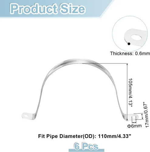 Miniatura 2 de uxcell 6 correas rígidas de tubo, 4.331 in (4.33 pulgadas) 201 de acero inoxidable 201 con 2 agujeros en forma de U, abrazaderas de tubo para fijar