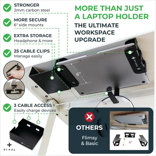 Miniatura 4 de VI+AL Soporte para laptop debajo del escritorio - Estante oculto de metal con almacenamiento lateral, gancho y organizador de cables - Se instala