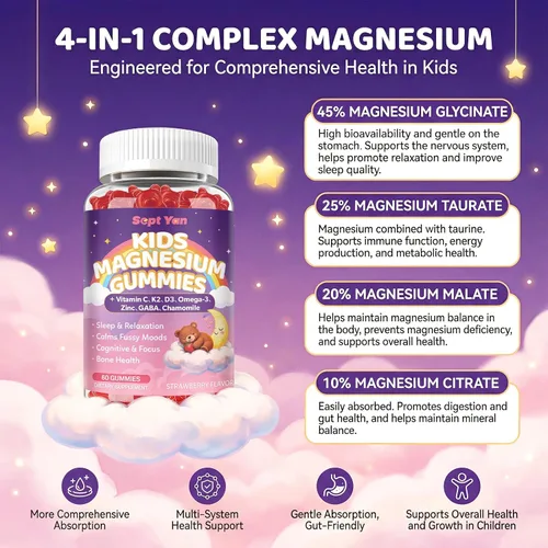 Miniatura 6 de Gomitas calmantes de magnesio para niños y adultos, complejo de magnesio con L-teanina, vitamina C, K2, D3, Omega-3, GABA, manzanilla, apoya