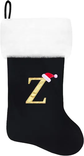 Miniatura 76 de Calcetines de Navidad bordados de 20 pulgadas con monograma, terciopelo negro con puño de felpa blanca supersuave, adornos clásicos para decoración