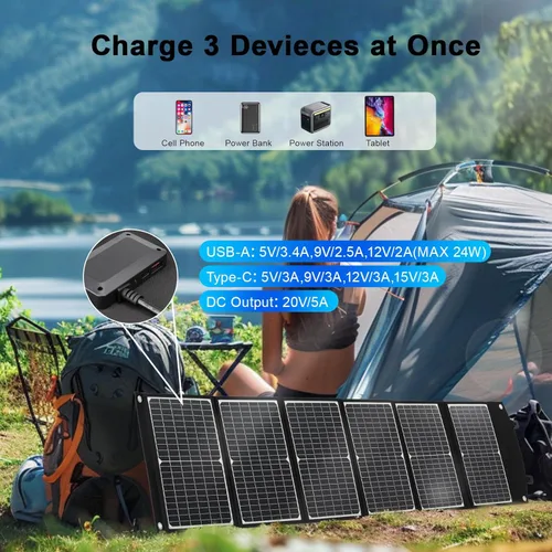 Miniatura 3 de Panel solar portátil de 100 vatios, panel solar plegable con patas de apoyo, QC3.0 USB-A USB-C y salida DC para teléfono/estación de energía, IP65