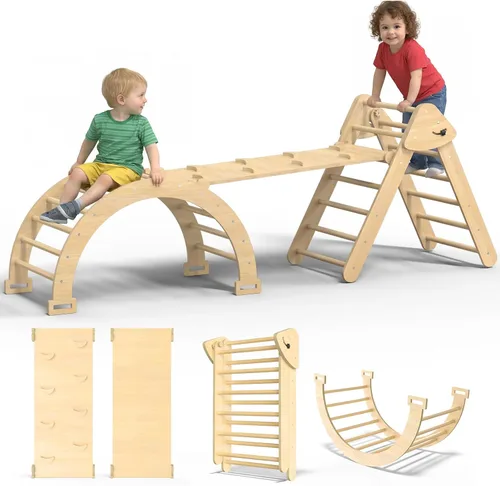 Miniatura 10 de Juego de Triángulo Pikler Grande, Juguetes de Escalada para Niños Pequeños 7 en 1 para Interiores, Juego de Escalada Montessori de Madera con Arco