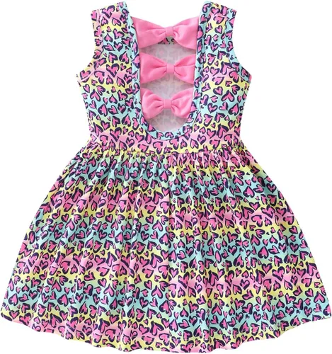Miniatura 20 de Popshion Vestidos de verano para niñas con estampado de leopardo, vestido con lazo en la espalda, ropa de dinosaurio, sin mangas, para niños