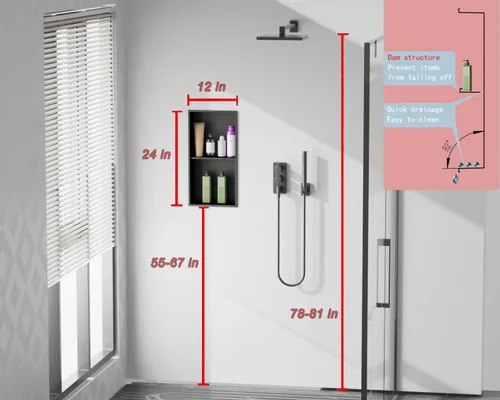 Miniatura 2 de Nicho de ducha empotrado de 24 x 12 pulgadas con estantes dobles, inserto de pared de acero inoxidable negro mate, no necesita azulejos