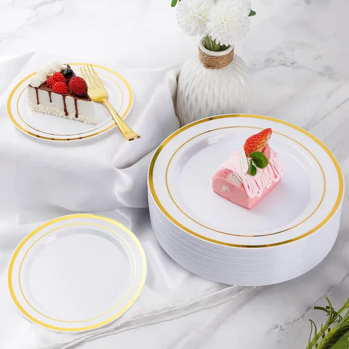 Miniatura 6 de Goodluck 150 platos desechables dorados para 25 invitados, fiesta de plástico, boda, juego de vajilla de platos llanos, cucharas de ensalada