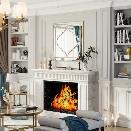 Miniatura 4 de Espejo de pared cuadrado de 32 pulgadas, borde biselado plateado, marco dorado, decoración artística de lujo
