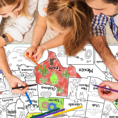 Miniatura 5 de PartyGarden US Map - Póster para colorear para niños, 54 x 33 pulgadas, diseño de mapa gigante de Estados Unidos para colorear, mantel grande