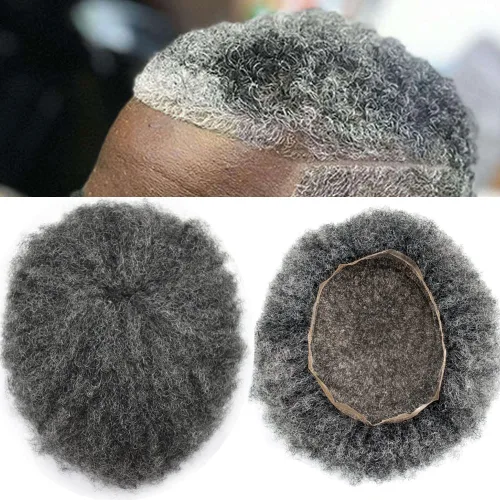 Miniatura 22 de Afro Toupee Hair Piece para hombres negros Encaje suizo completo Afro Hombres Toupee cabello humano rizado hombres onda unidades de cabello