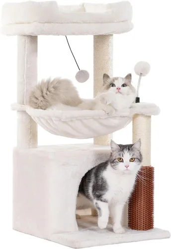 Árbol para gatos pequeños de 32 pulgadas para gatos grandes, torre para gatos adultos con poste rascador, hamaca grande de 15.7 pulgadas y auto Beige