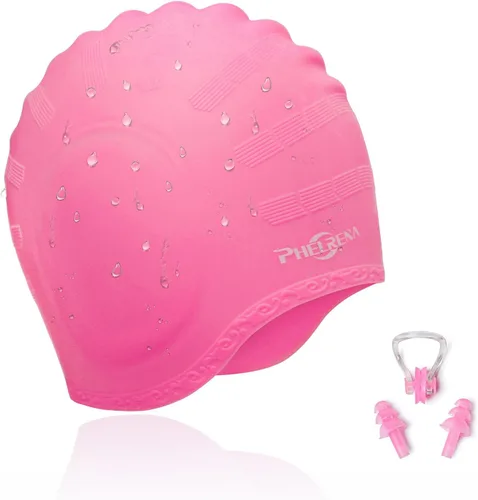 Miniatura 9 de PHELRENA Gorro de natación impermeable de silicona de alta calidad, orejeras de pelo largo, flexible y reversible para adultos, niños, mujeres