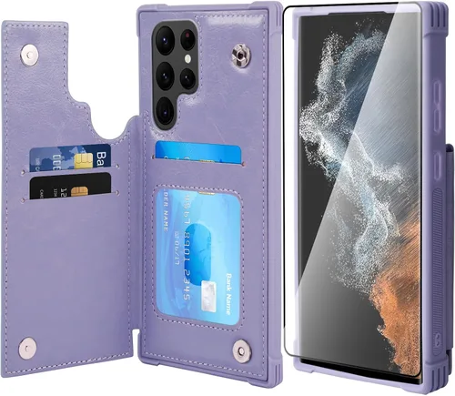 Miniatura 21 de VANAVAGY Funda tipo cartera compatible con Galaxy S22 con soporte para tarjetas de bloqueo RFID, piel sintética, cierre magnético, función atril