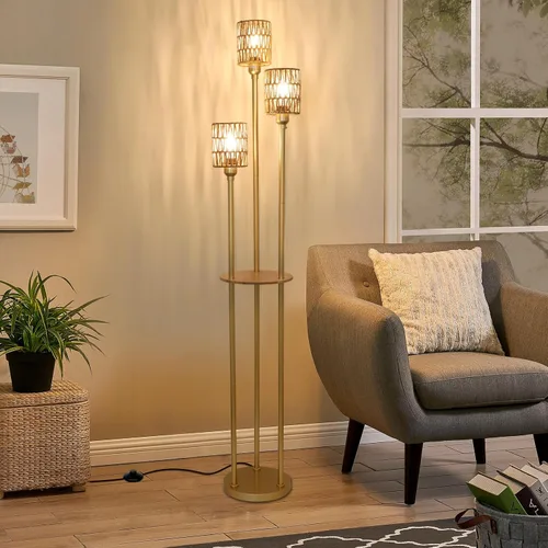 Miniatura 9 de Lámpara de pie bohemia con estantes, lámpara de pie alta de granja de 3 luces con interruptor de pie de encendido/apagado, lámparas de pie modernas