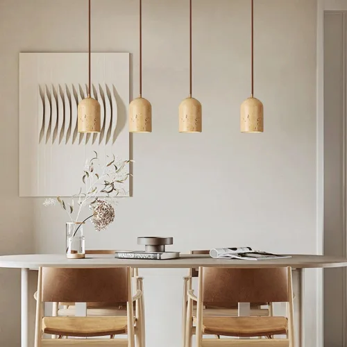 Miniatura 2 de Mini lámpara de isla de cocina, lámpara colgante de techo de cúpula de madera japonesa Wabi-Sabi con pantalla de travertino amarillo, lámpara