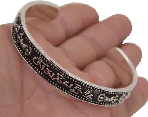 Miniatura 6 de DharmaObjects Pulsera Dorji grande de plata de ley 92.5 maciza Om Mani Padme Compassion Dorji, Metal