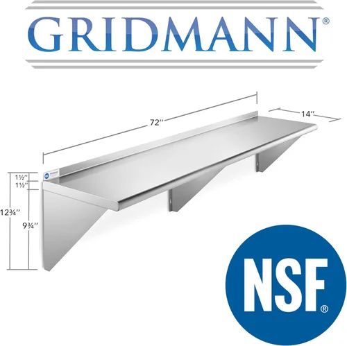 Miniatura 3 de GRIDMANN Estante de montaje en pared de acero inoxidable de 14 x 72 pulgadas con protector contra salpicaduras, grado comercial, estantería