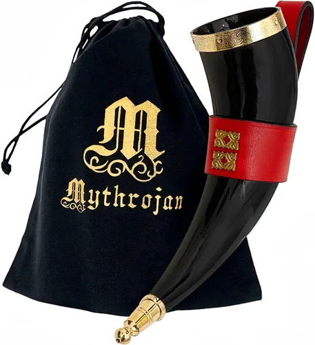 Miniatura 12 de Mythrojan Cuerno vikingo para beber 100% natural, auténtico, decoración de latón, cuerno nórdico con funda de cuero negro, bolsa de lona para vino