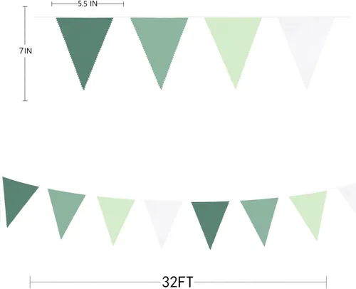 Miniatura 7 de Decoraciones de fiesta verde salvia de 32 pies, bandera triangular verde aguacate, banderines de tela, banderines para cumpleaños, boda, baby