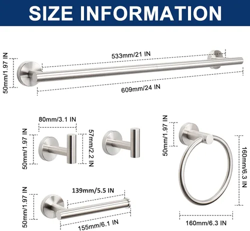 Miniatura 2 de NearMoon Juego de 5 piezas de accesorios de baño SUS304 de acero inoxidable grueso, incluye barra de toalla de 24 pulgadas, anillo de toalla