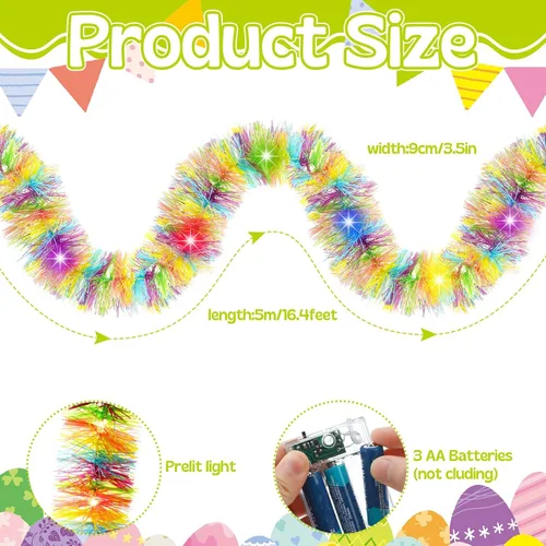 Miniatura 2 de Chuangdi Guirnalda de oropel de Pascua de 16.4 pies con tira de luces LED, guirnalda de alambre metálico con alambre metálico, decoración
