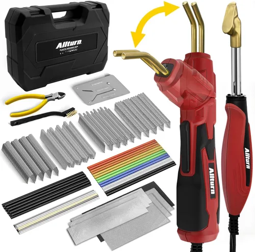 Soldador de Plástico Allturn 2 en 1, Kit de Soldadura de Plástico Kit de Reparación de Parachoques de Coche, 4 Tipos de Grapas de Soldadura de Rojo