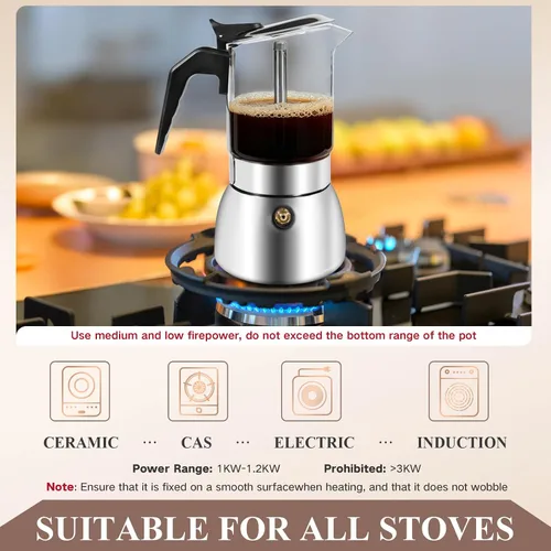 Miniatura 5 de Moka Pot - Máquina de café expreso para estufa, tapa de cristal y cafetera italiana de acero inoxidable 304, cafetera de café italiano de 10.1 fl oz