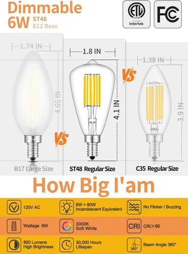 Miniatura 2 de Bombilla LED regulable de 6 W, 3000 K, blanco suave, equivalente a 800 W, 800 LM, bombillas LED E12, bombillas de cristal transparente estilo Edison